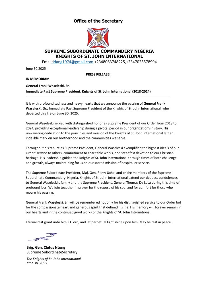 In Memoriam Gen. Frank W. Sr. News Release